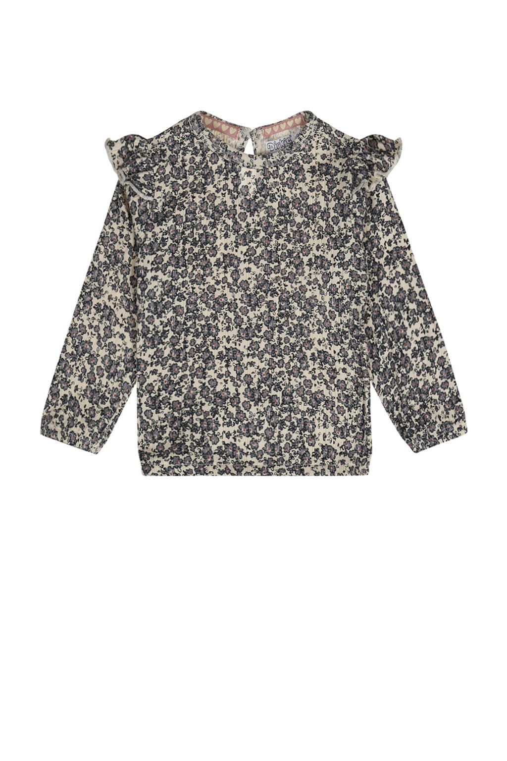 Ecru, grijs en blauwe meisjes Dirkje sweater van stretchkatoen met lange mouwen, ronde hals, knoopsluiting en ruches
