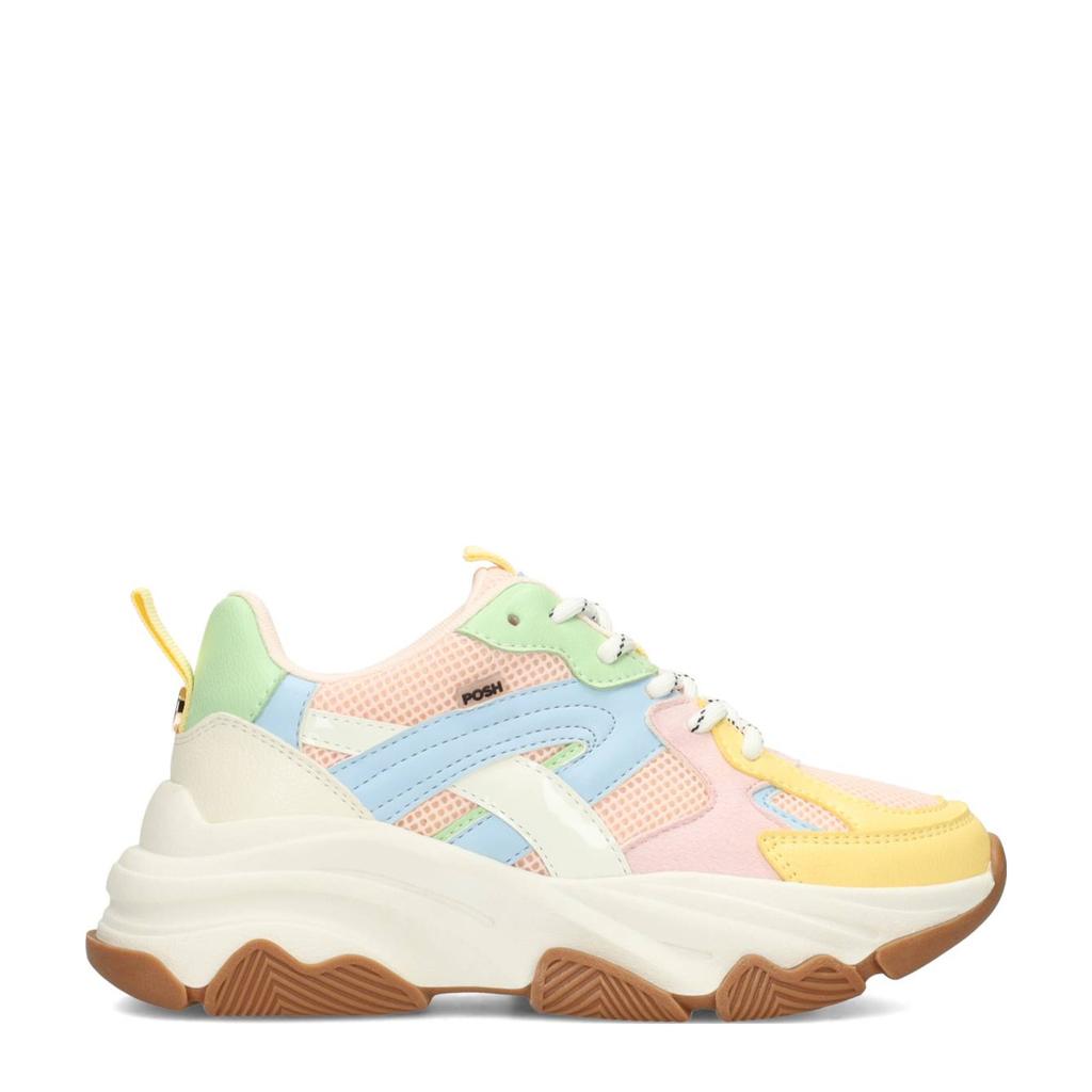 Lichtgeel, blauw en roze meisjes POSH by Poelman chunky sneakers van imitatieleer met veters
