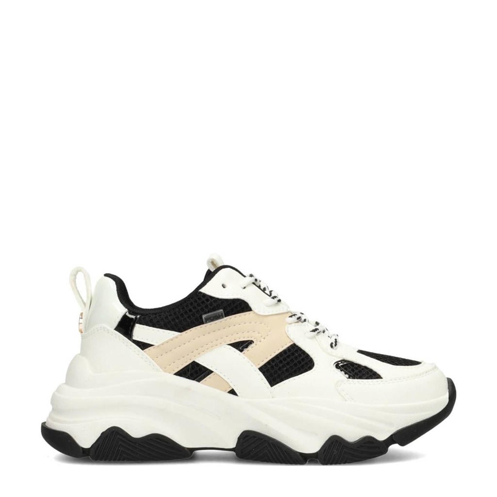 Wit, beige en zwarte meisjes POSH by Poelman Gigi chunky sneakers van imitatieleer met veters