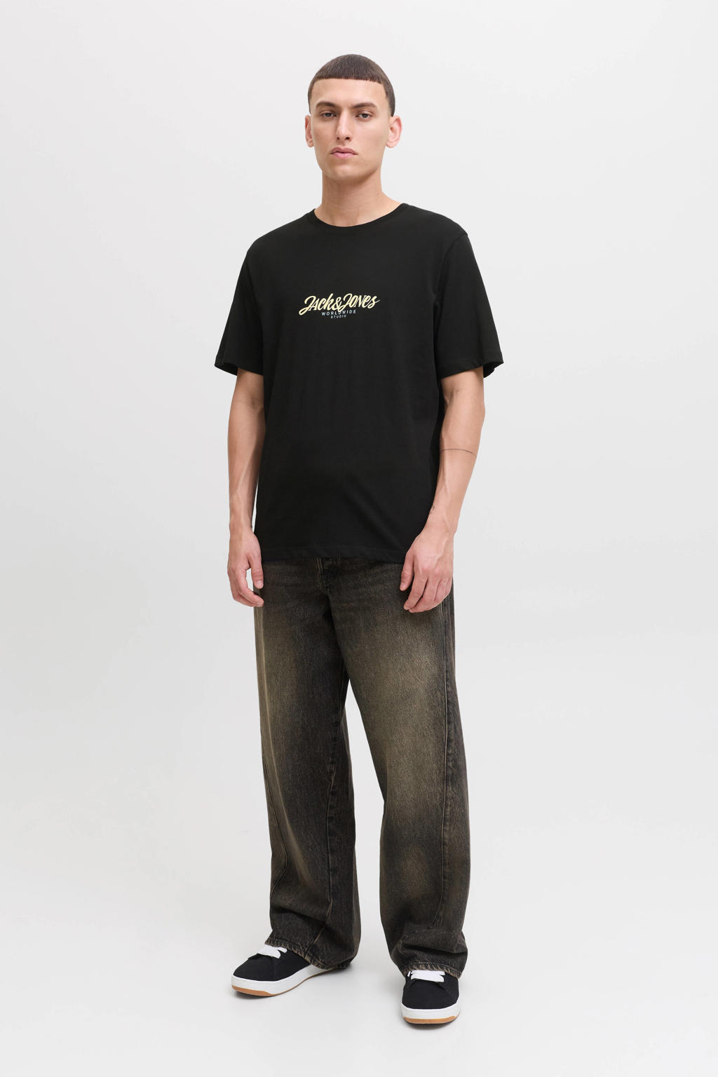 Zwarte heren JACK & JONES ORIGINALS T-shirt van katoen met logo dessin, korte mouwen en ronde hals