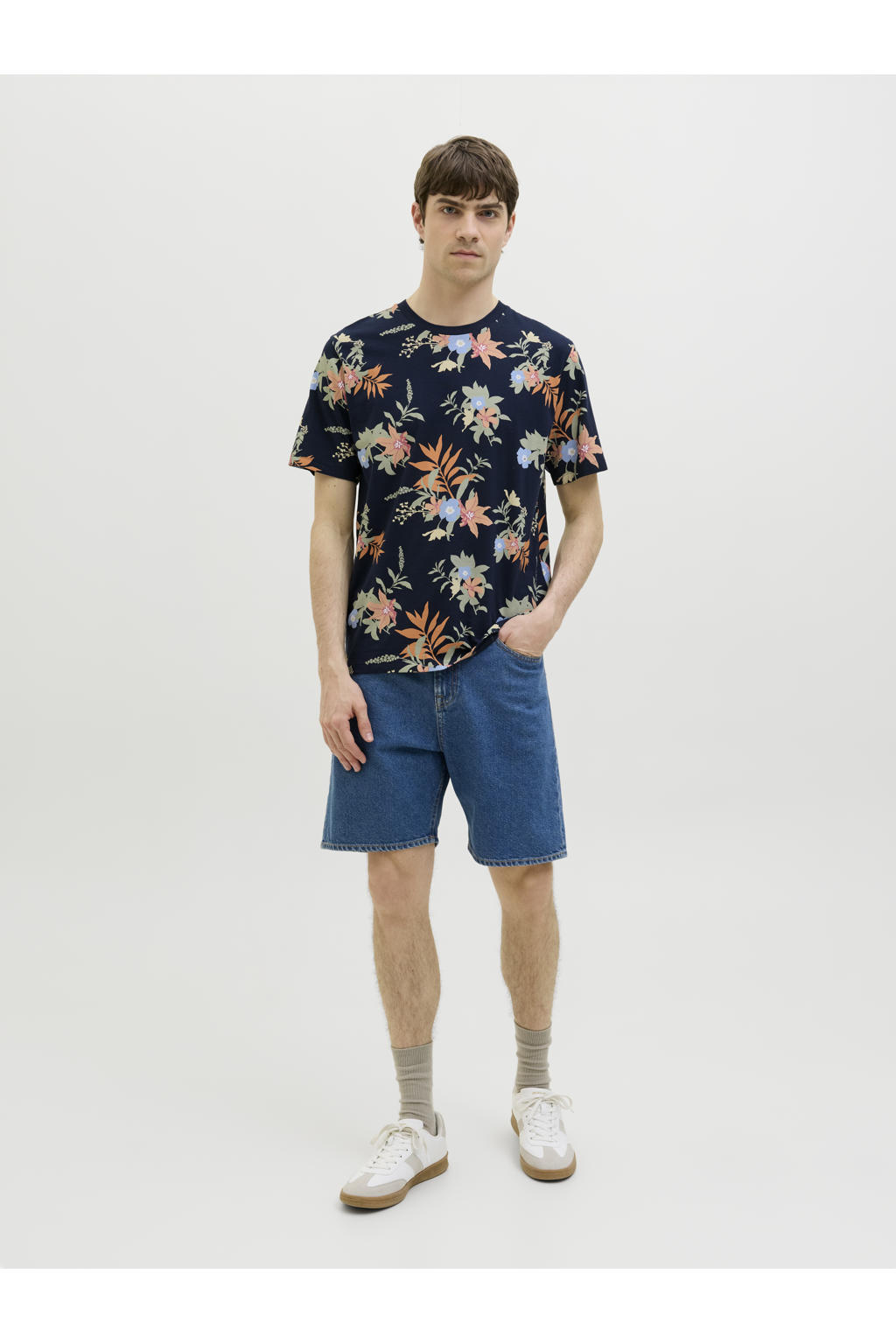 Donkerblauwe heren JJ REBEL T-shirt van katoen met bloemenprint, korte mouwen en ronde hals