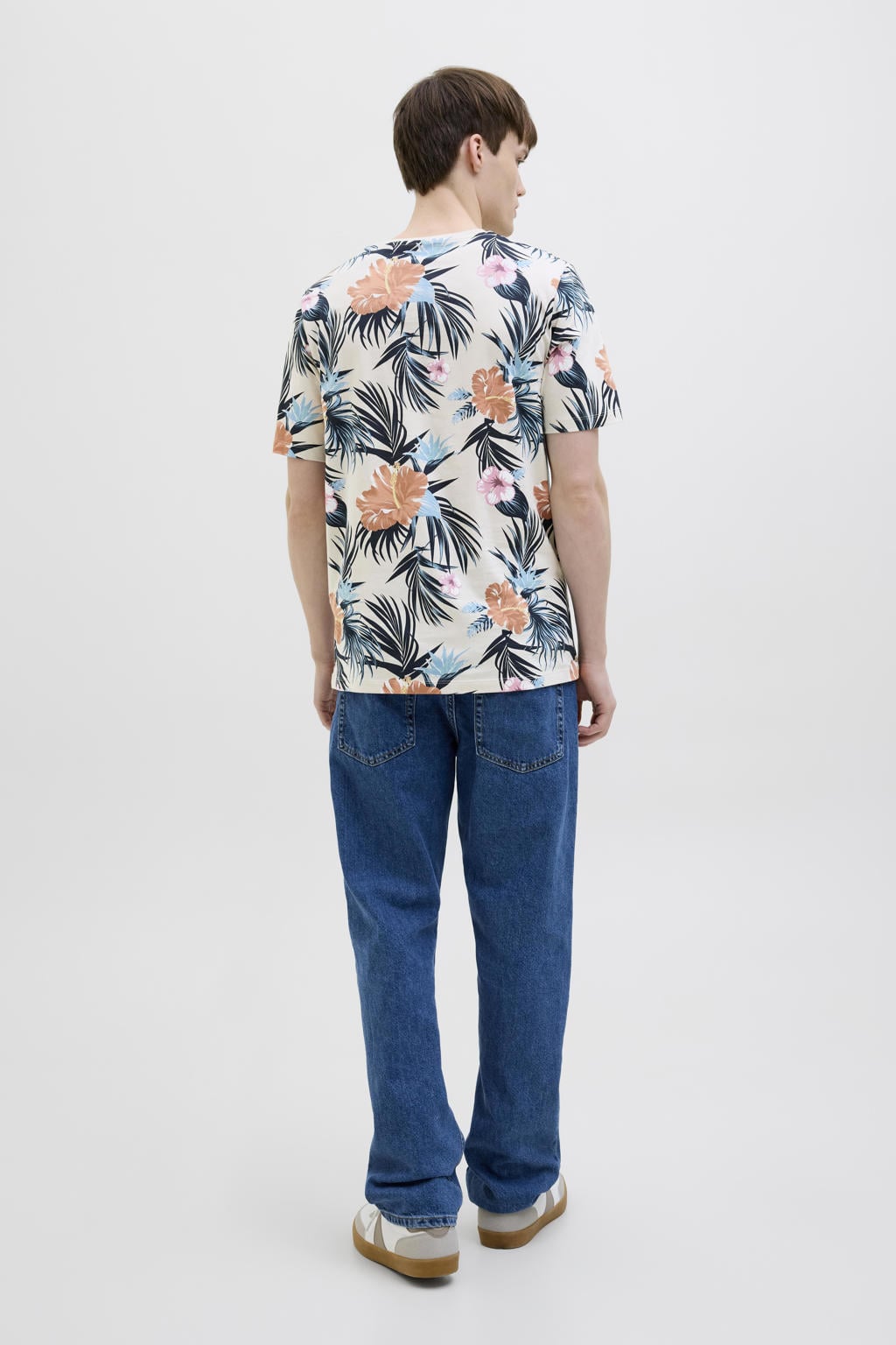 Ecru heren JJ REBEL T-shirt van katoen met bloemenprint, korte mouwen en ronde hals