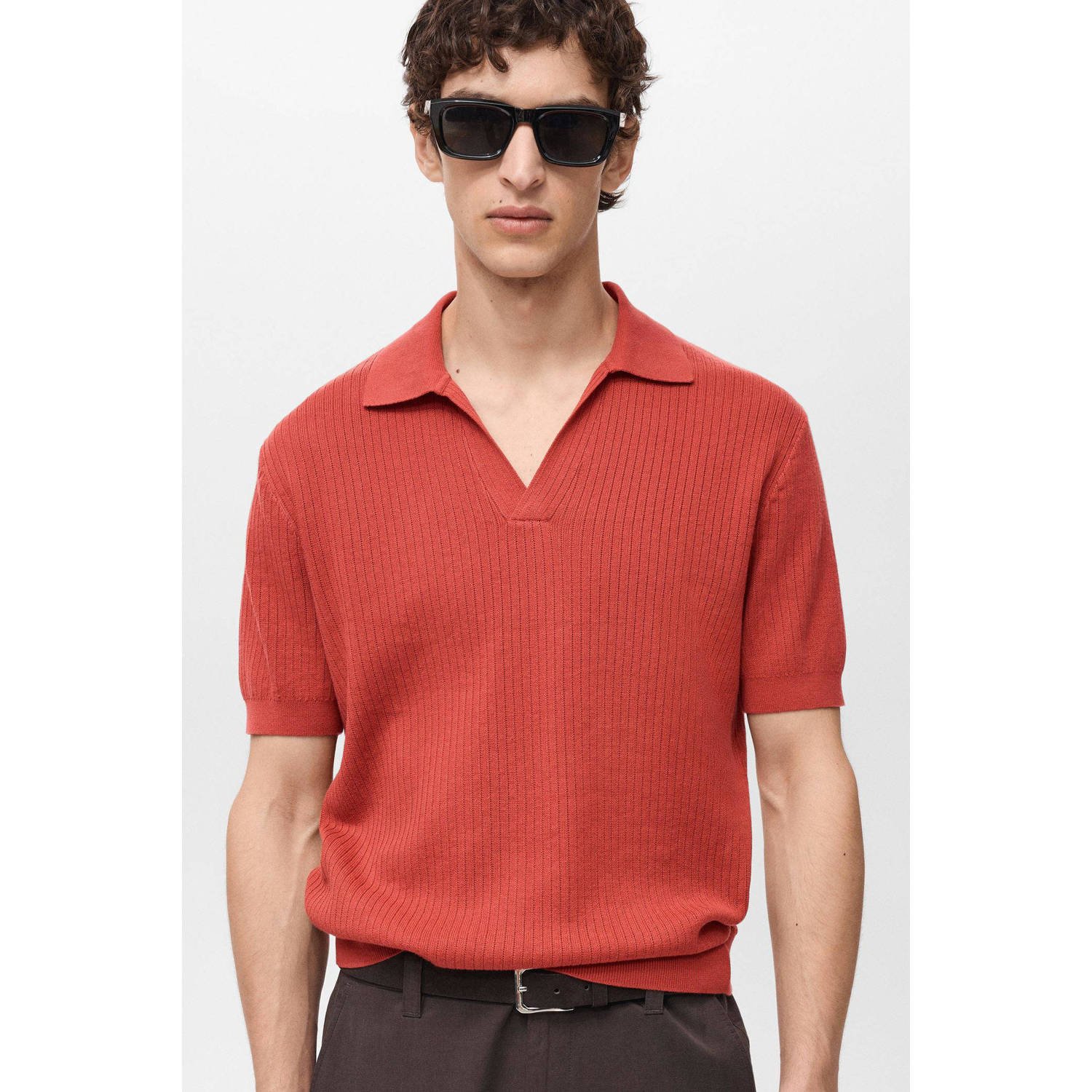 Mango Man regular polo rib gebreid rood