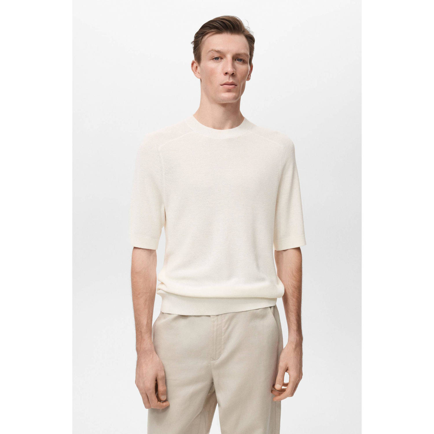 Mango Man T-shirt fijn gebreid ecru