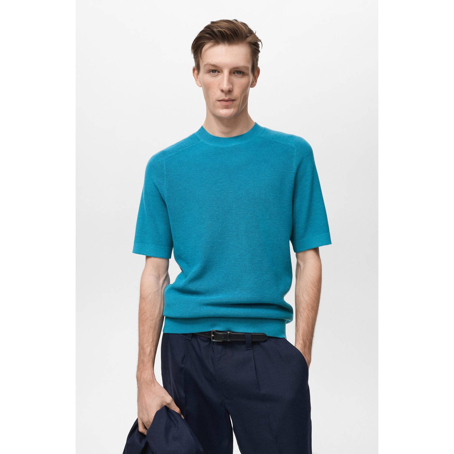 Mango Man T-shirt fijn gebreid turquoise