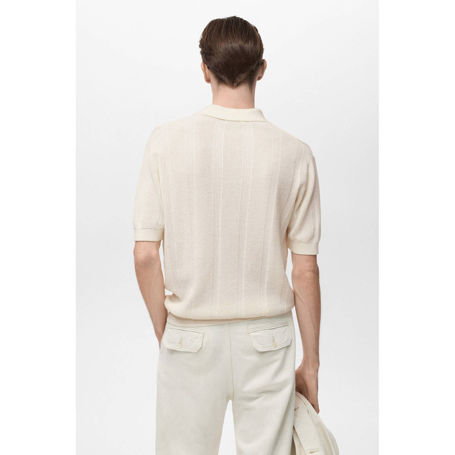 Mango Man regular polo met ingebreid patroon ecru