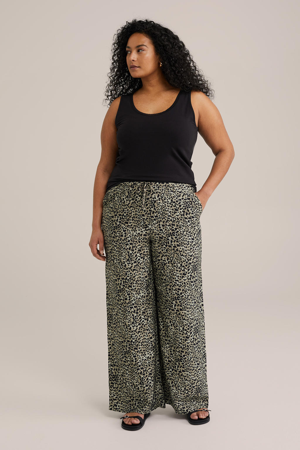 Zwarte dames WE Fashion Curve singlet van katoen met effen, ronde hals en kant