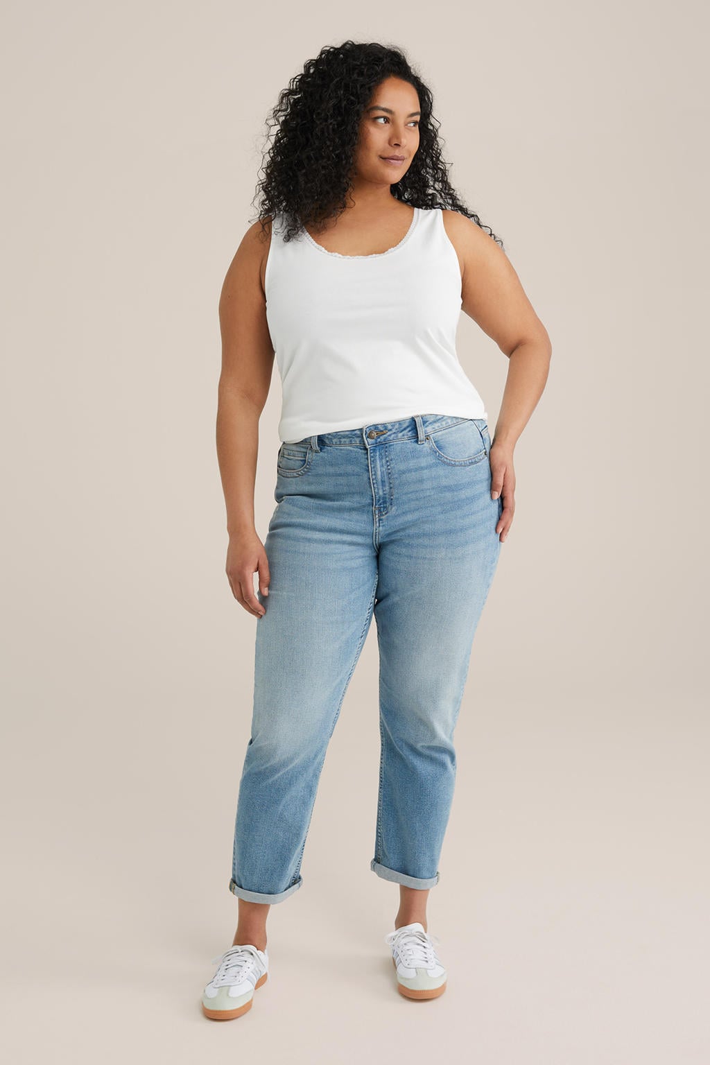 Witte dames WE Fashion Curve singlet van katoen met effen, ronde hals en kant