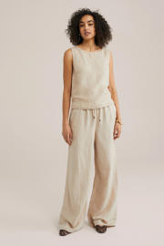 thumbnail: Beige dames WE Fashion linnen mouwloze top met effen, ronde hals en knoopsluiting