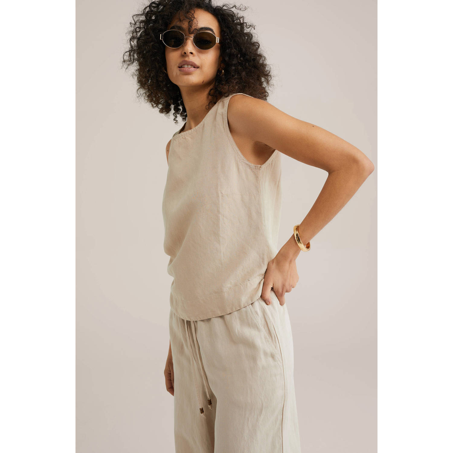 WE Fashion linnen mouwloze top beige