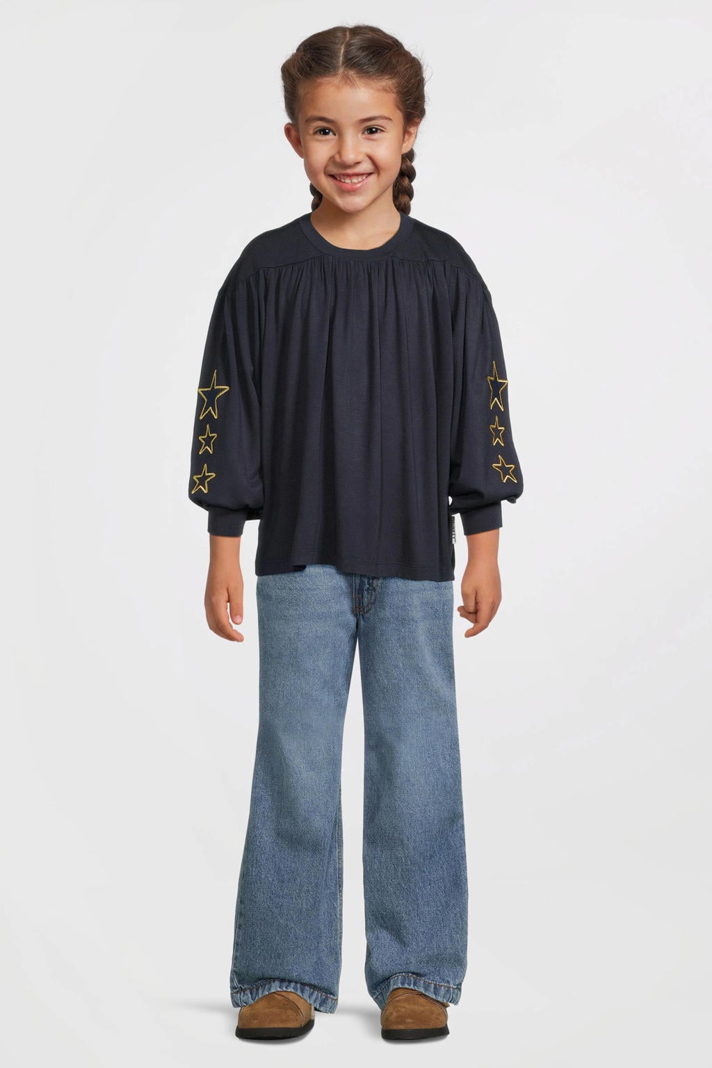 Donkerblauwe meisjes Me & My Monkey top van polyester met sterrenprint, lange mouwen en ronde hals