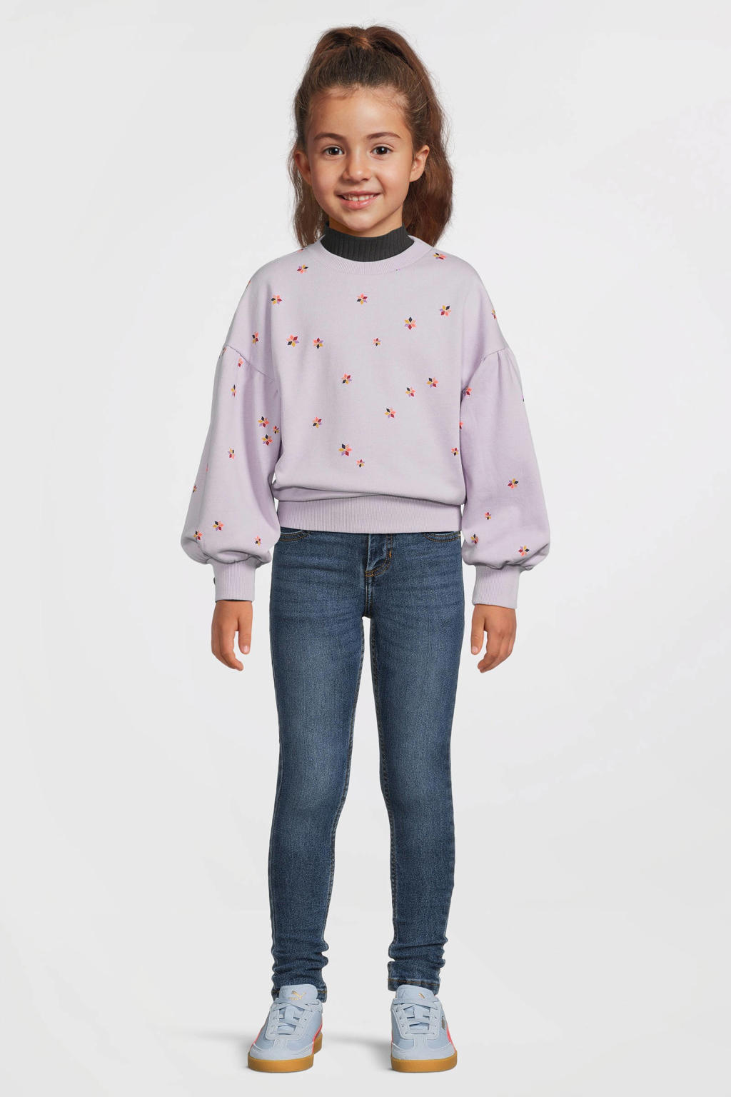 Paarse meisjes Me & My Monkey sweater lichtpaars met bloemenprint, lange mouwen en ronde hals