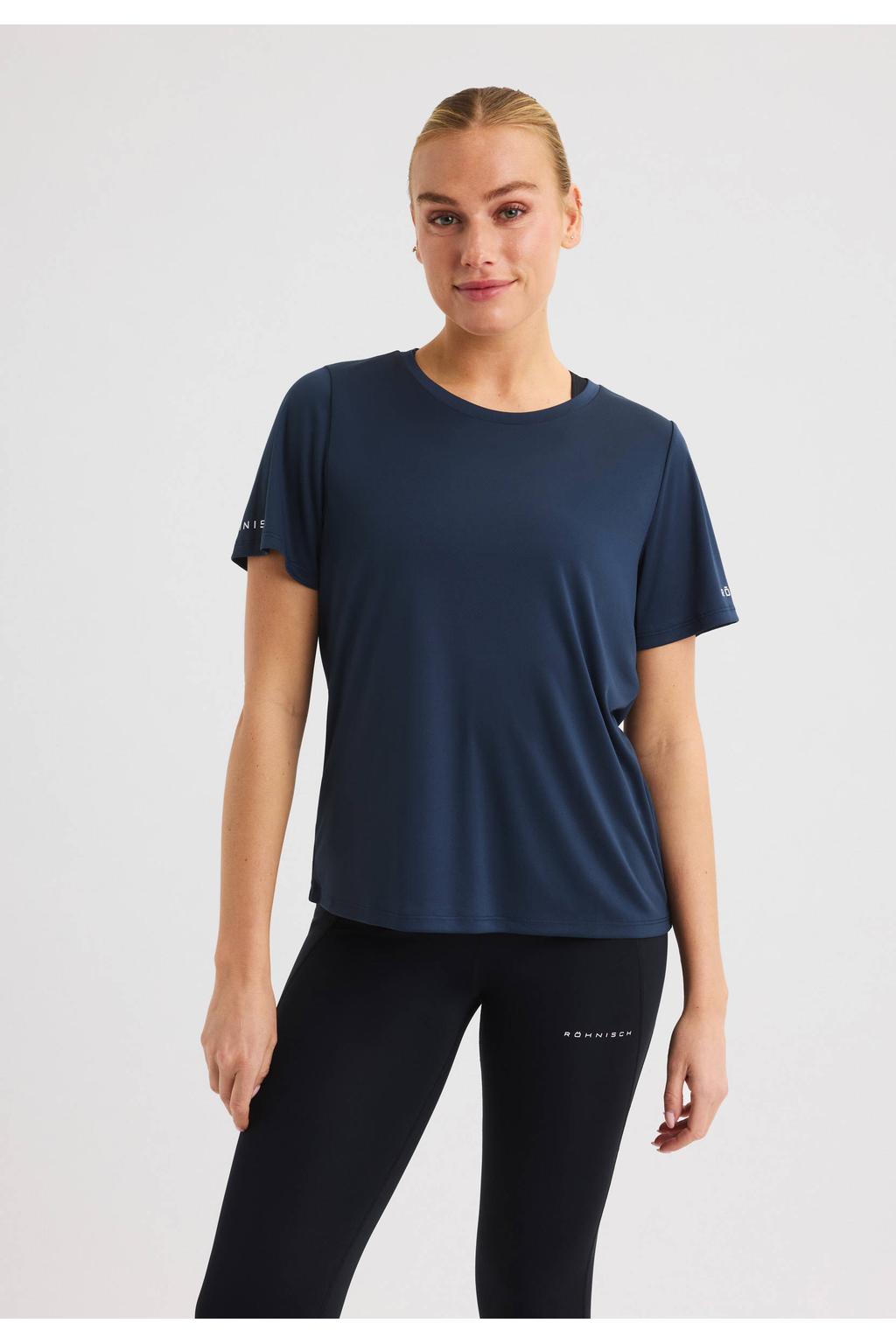 Donkerblauwe dames Rohnisch sportshirt van polyester met korte mouwen en ronde hals