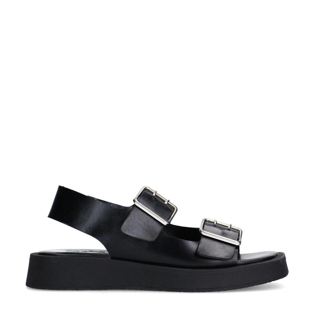 Zwarte dames Sacha leren sandalen met gesp