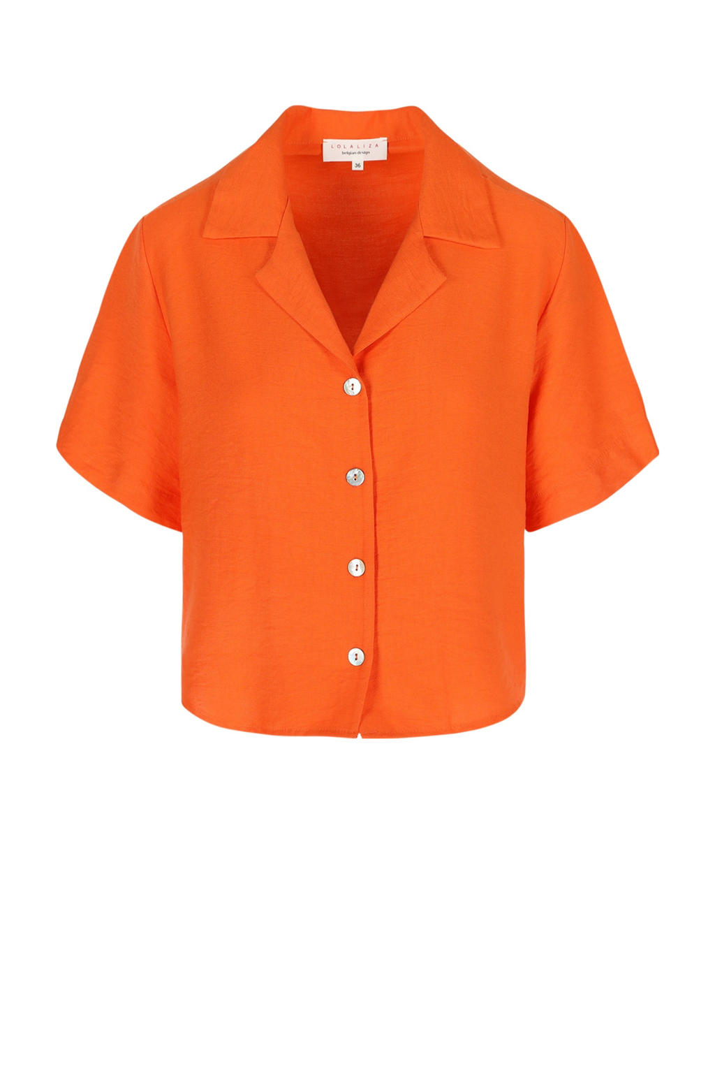 Oranje dames Romy Monteiro x LOLALIZA x Wehkamp blouse van viscose met effen, korte mouwen, reverskraag, knoopsluiting en wijde mouwen