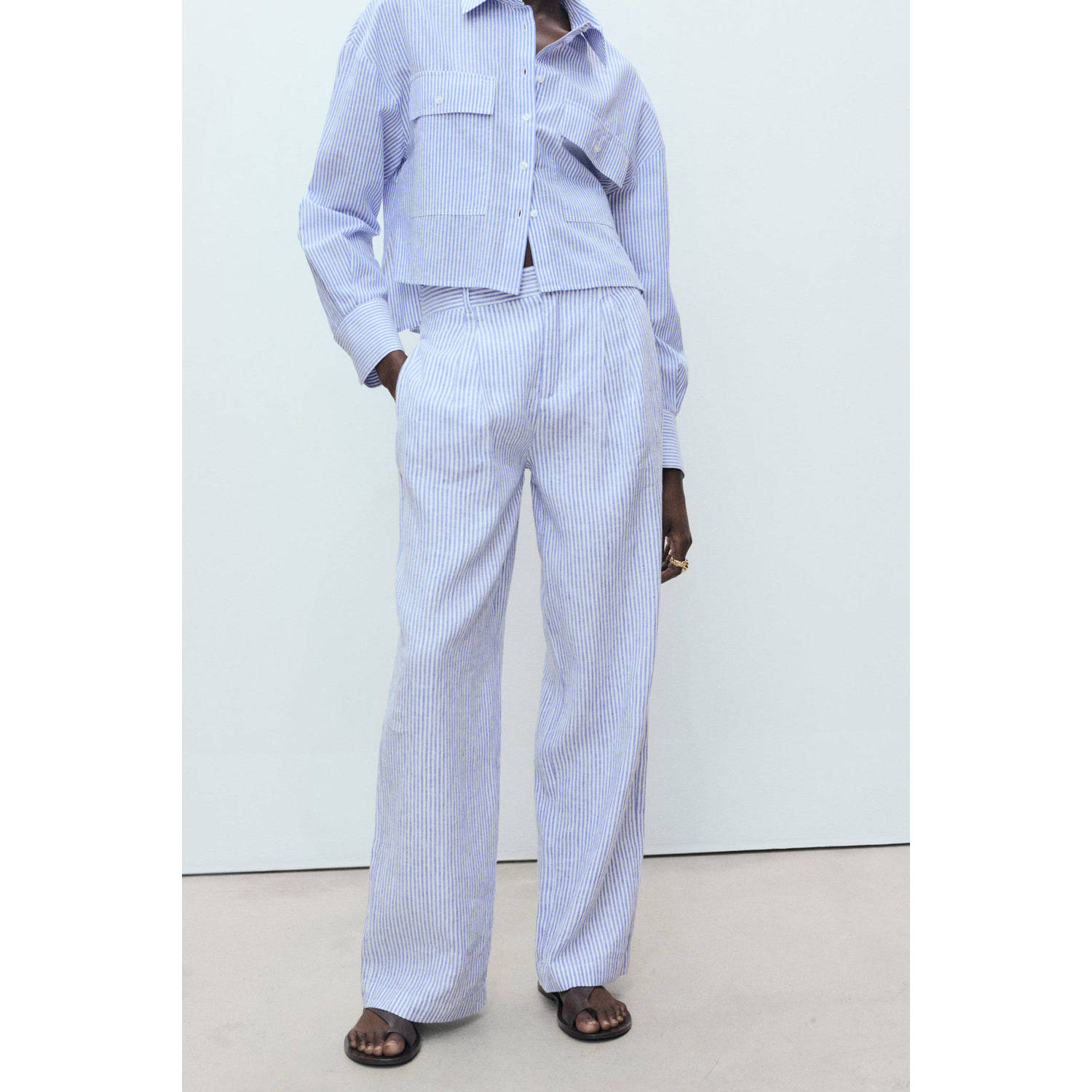 Mango linnen wide leg regular waist pantalon blauw