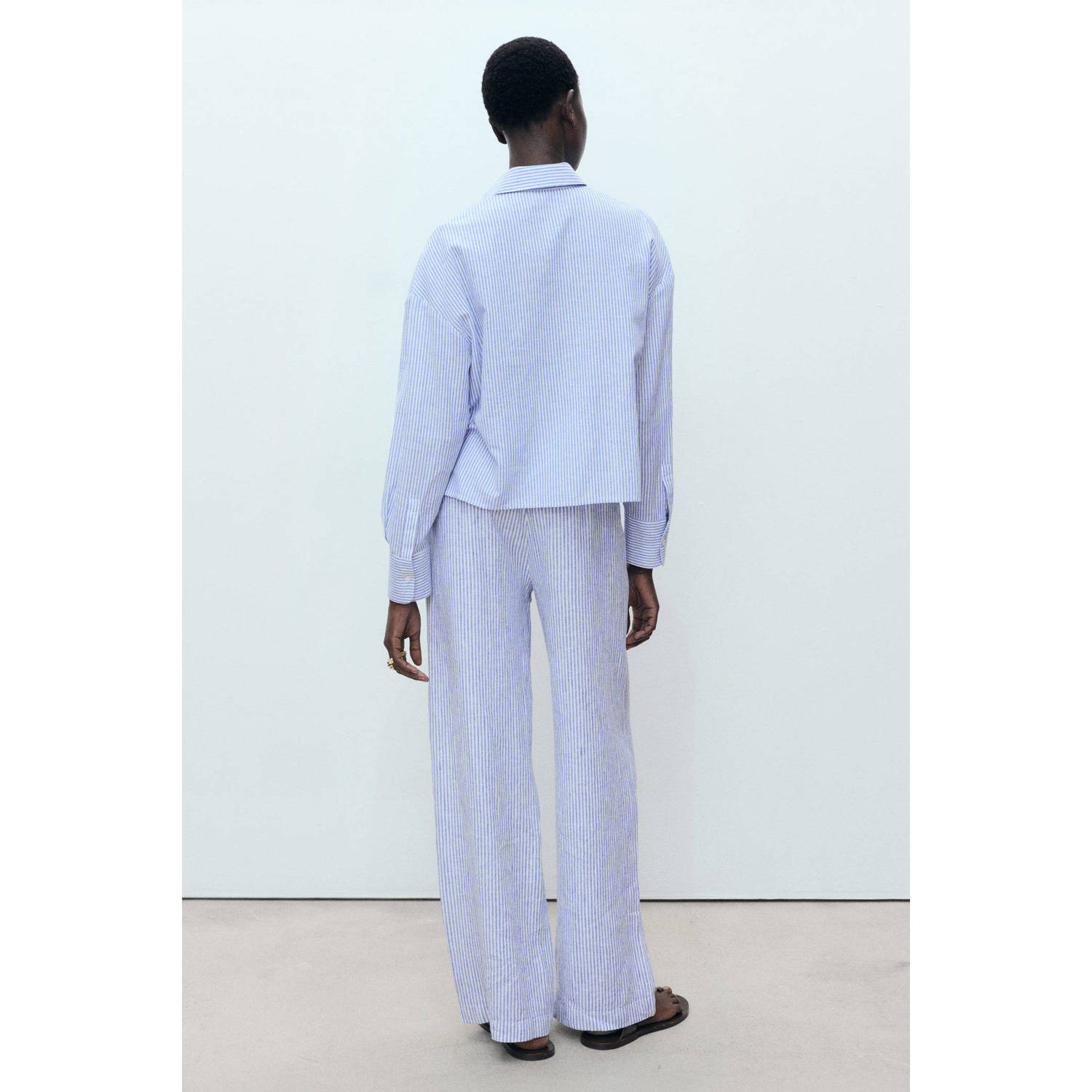 Mango linnen wide leg regular waist pantalon blauw