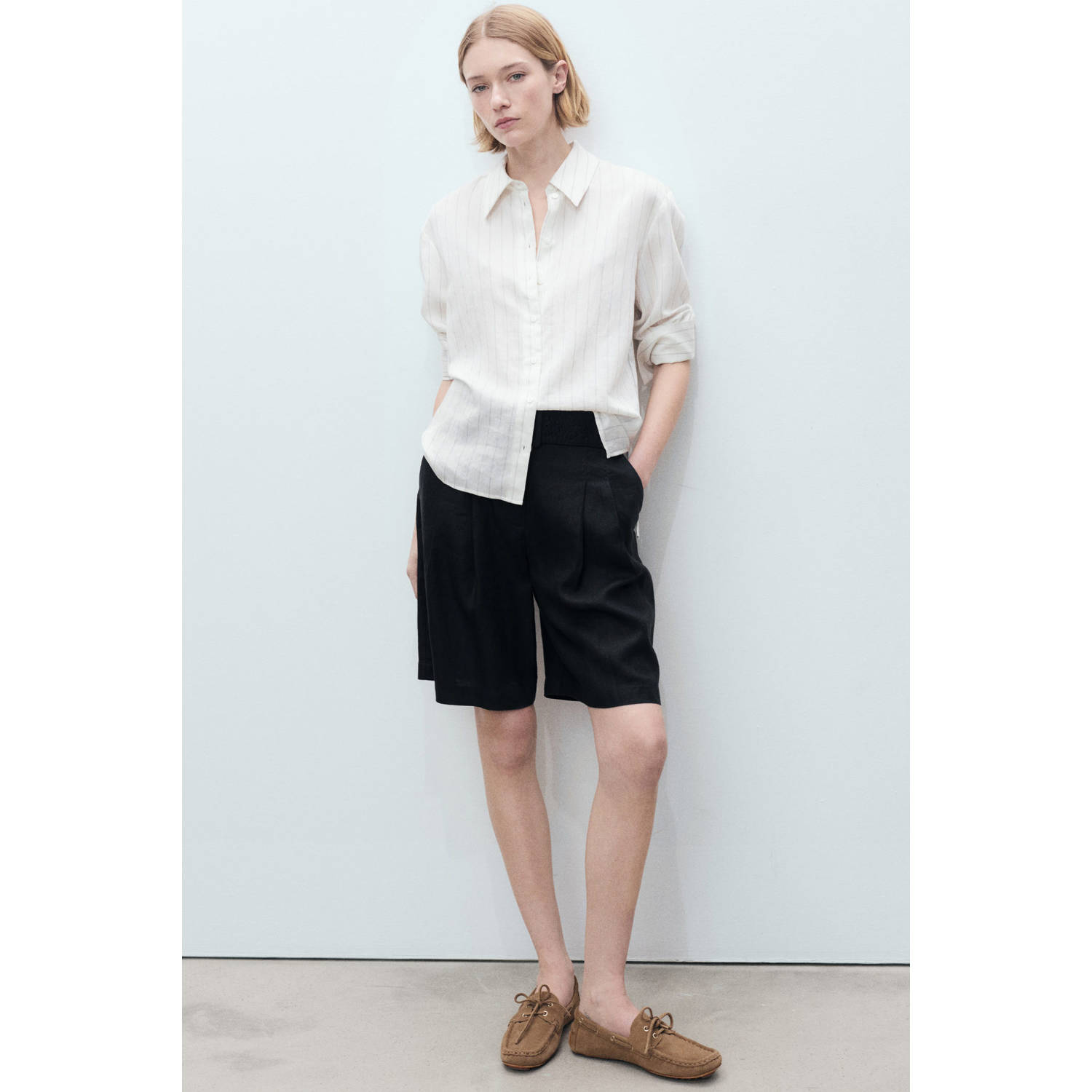 Mango linnen wide leg high waist bermuda short zwart
