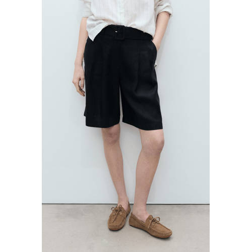 Mango linnen wide leg high waist bermuda short zwart afbeelding