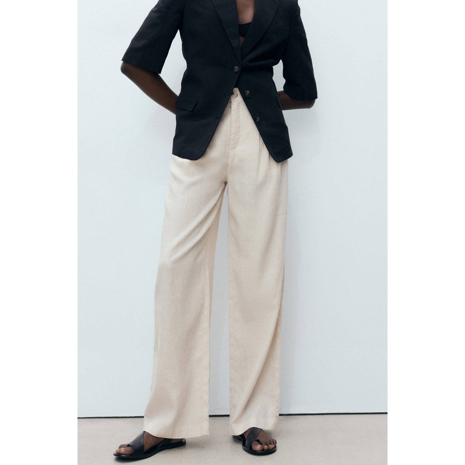 Mango linnen wide leg regular waist pantalon beige