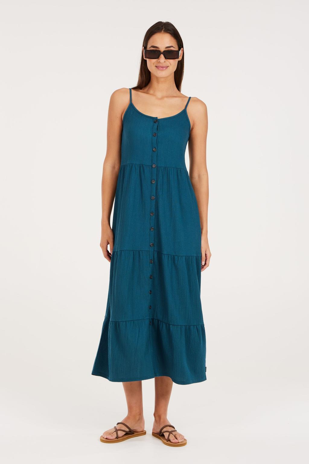 Blauwe dames Protest maxi jurk van polyester met spaghettibandjes, ronde hals en knoopsluiting