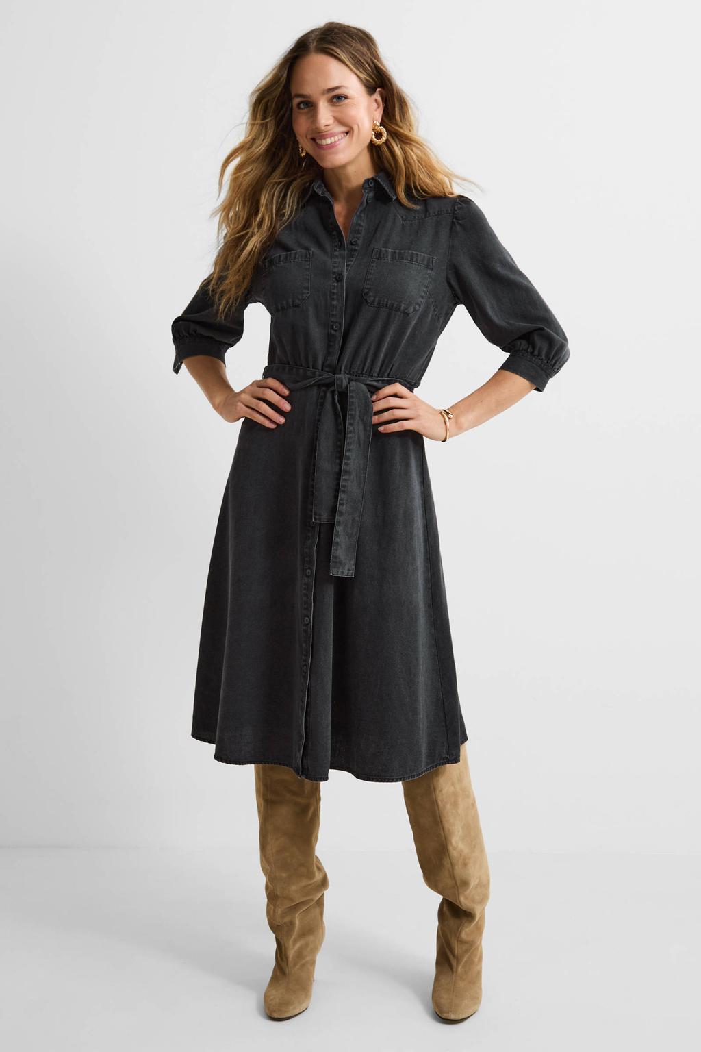 Grey denim dames Anytime overhemdjurk van katoen met effen, half lange mouwen, klassieke kraag en knoopsluiting