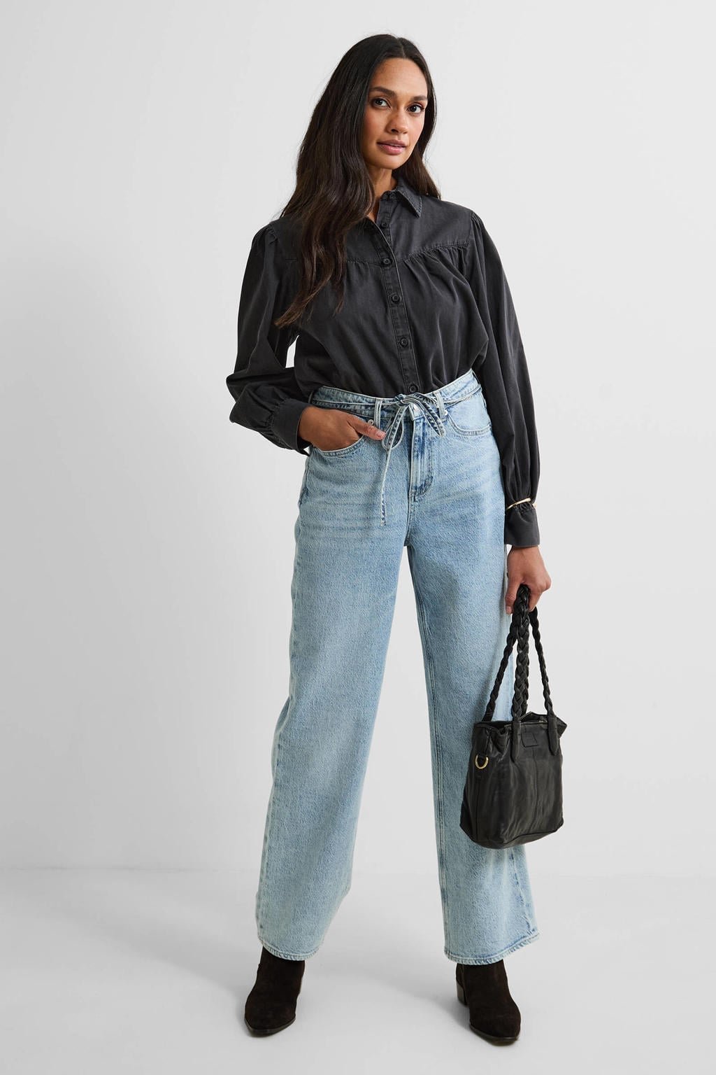 Black denim dames Anytime blouse van denim met effen, lange mouwen, klassieke kraag en knoopsluiting