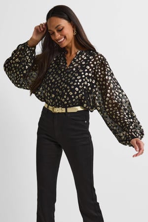blouse met foil panterprint zwart