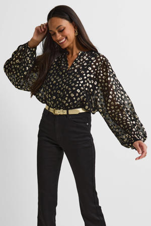 blouse met foil panterprint zwart
