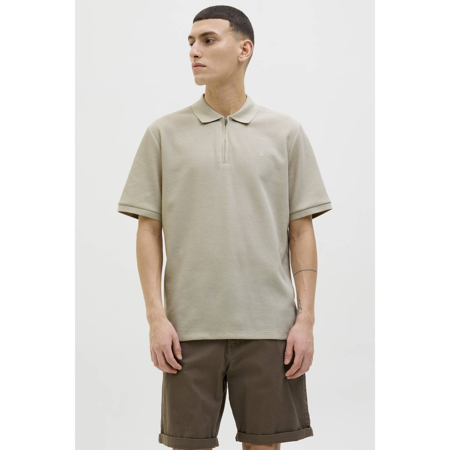 JACK & JONES ESSENTIALS regular polo met ingebreid patroon beige