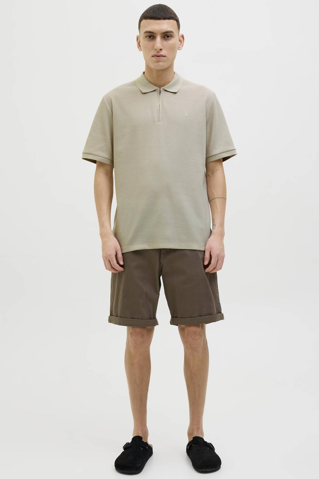 Beige heren JACK & JONES ESSENTIALS regular polo patroon met effen, korte mouwen en halve rits