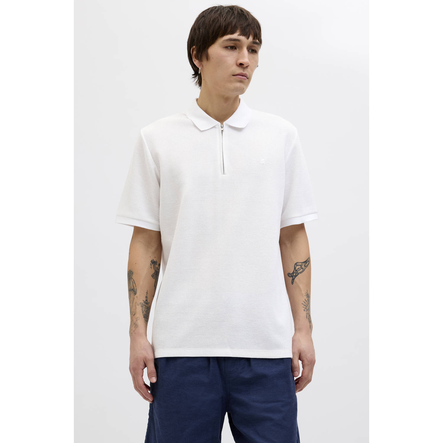 JACK & JONES ESSENTIALS regular polo met ingebreid patroon wit