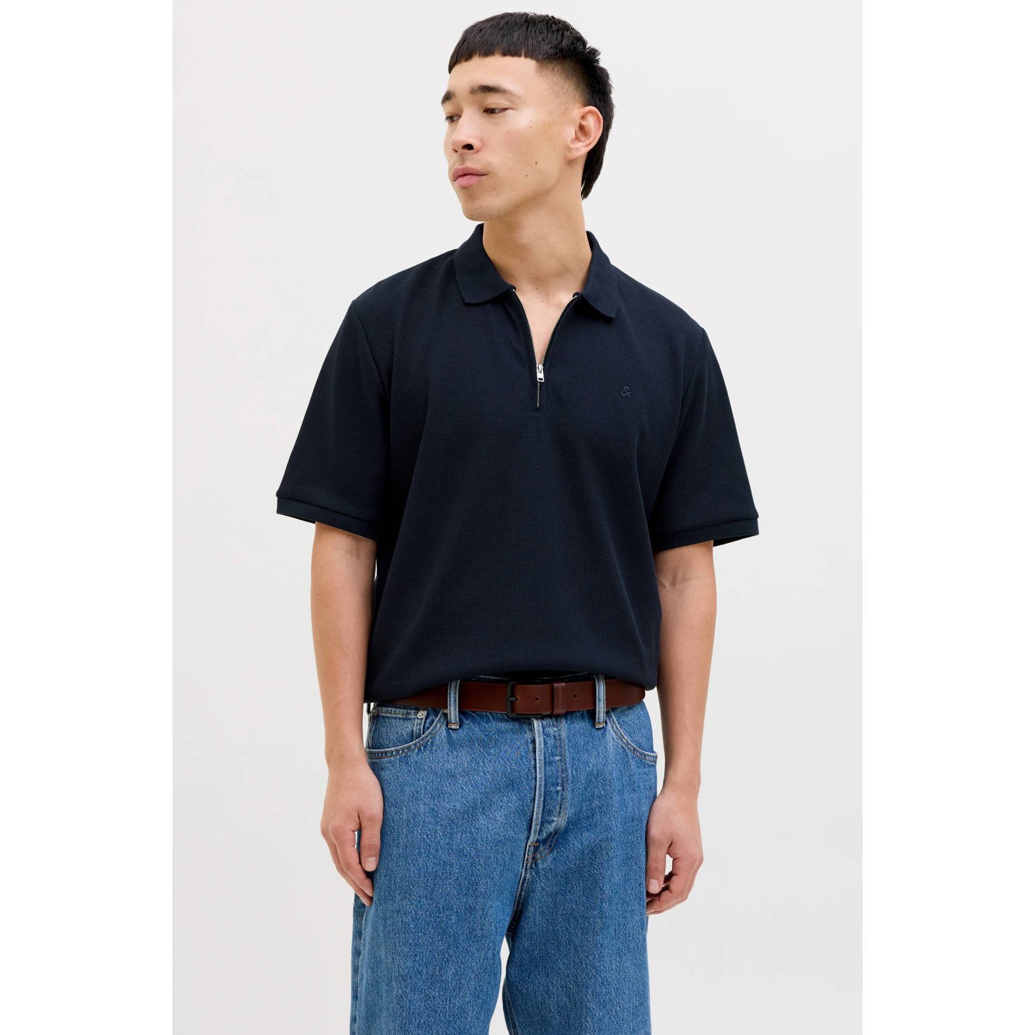 JACK & JONES ESSENTIALS regular polo met ingebreid patroon donkerblauw