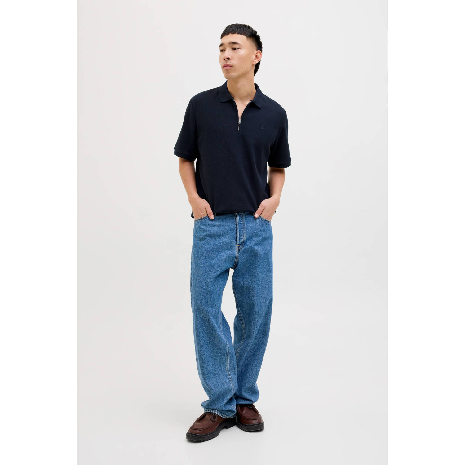 JACK & JONES ESSENTIALS regular polo met ingebreid patroon donkerblauw