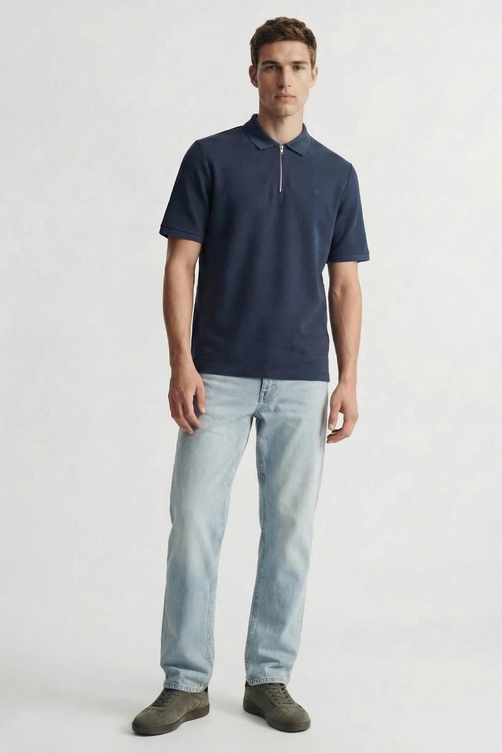 Blauwe heren JACK & JONES ESSENTIALS regular polo patroon met effen, korte mouwen en halve rits