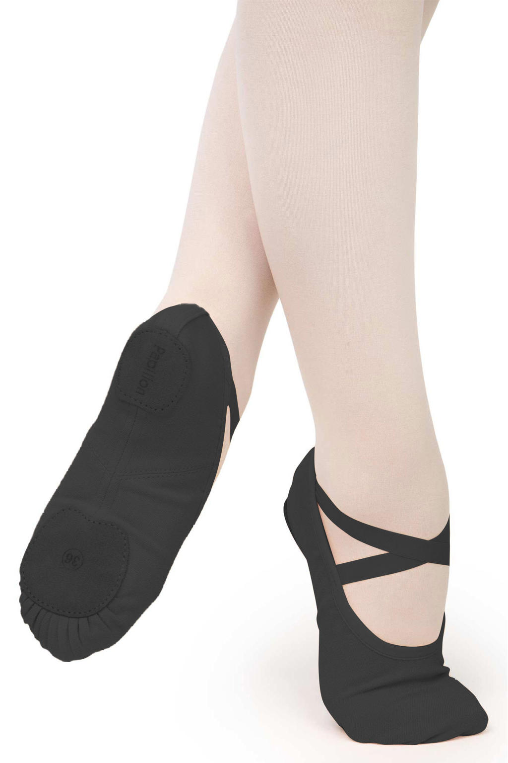 Zwarte meisjes Papillon balletschoenen van stret;ch canvas/zool: suède met elastische inzet