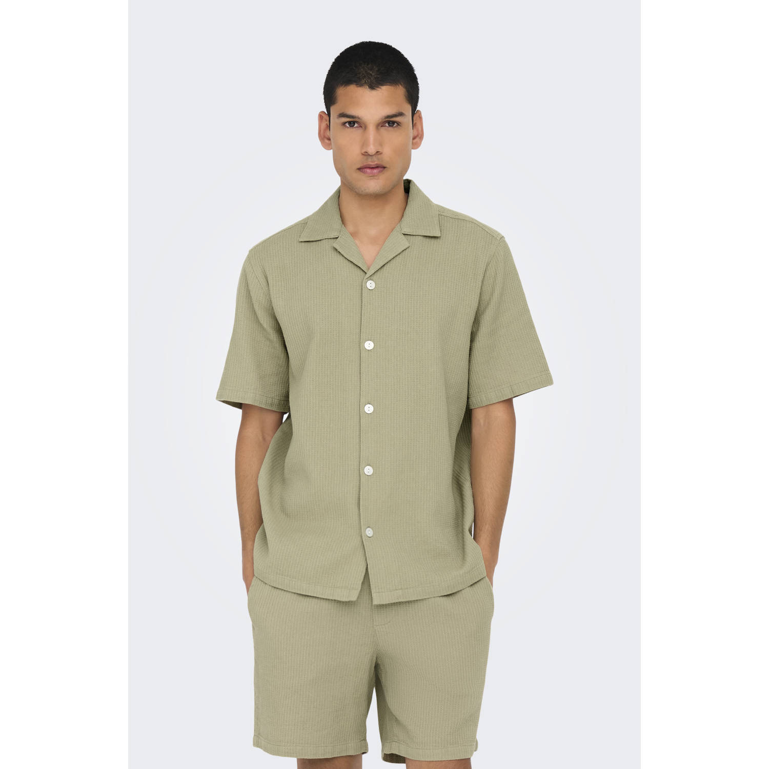 ONLY & SONS regular fit overhemd ONSBERTIL WAFFLE lichtkaki