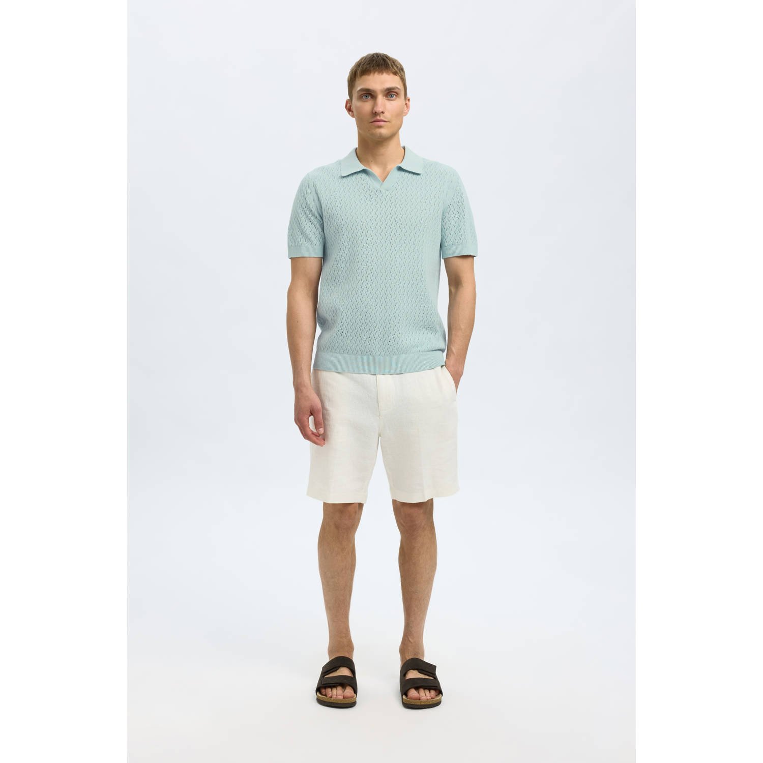 SELECTED HOMME linnen regular polo SLHLINO gebreid lichtblauw