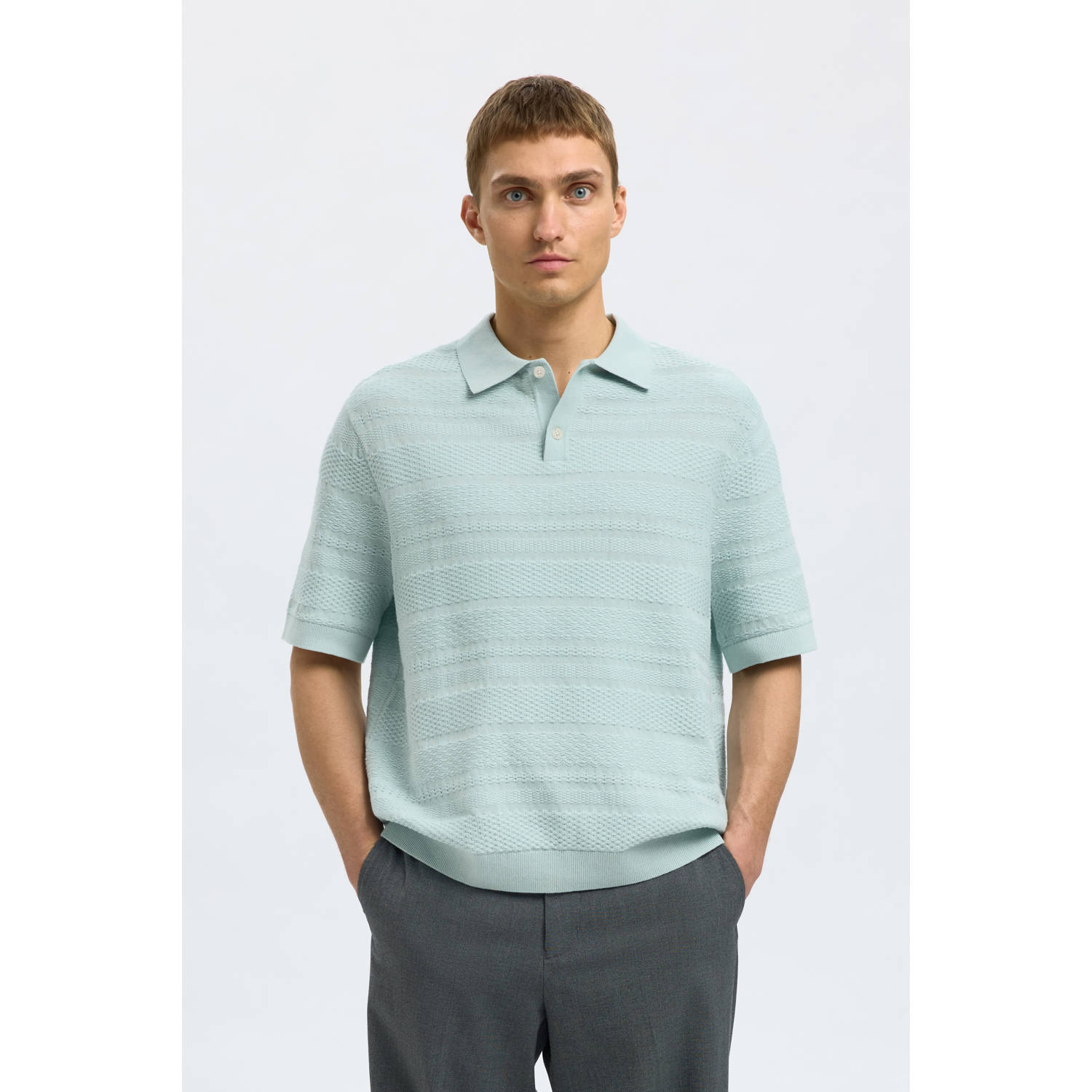 SELECTED HOMME regular polo SLHFOAM met ingebreid patroon lichtblauw
