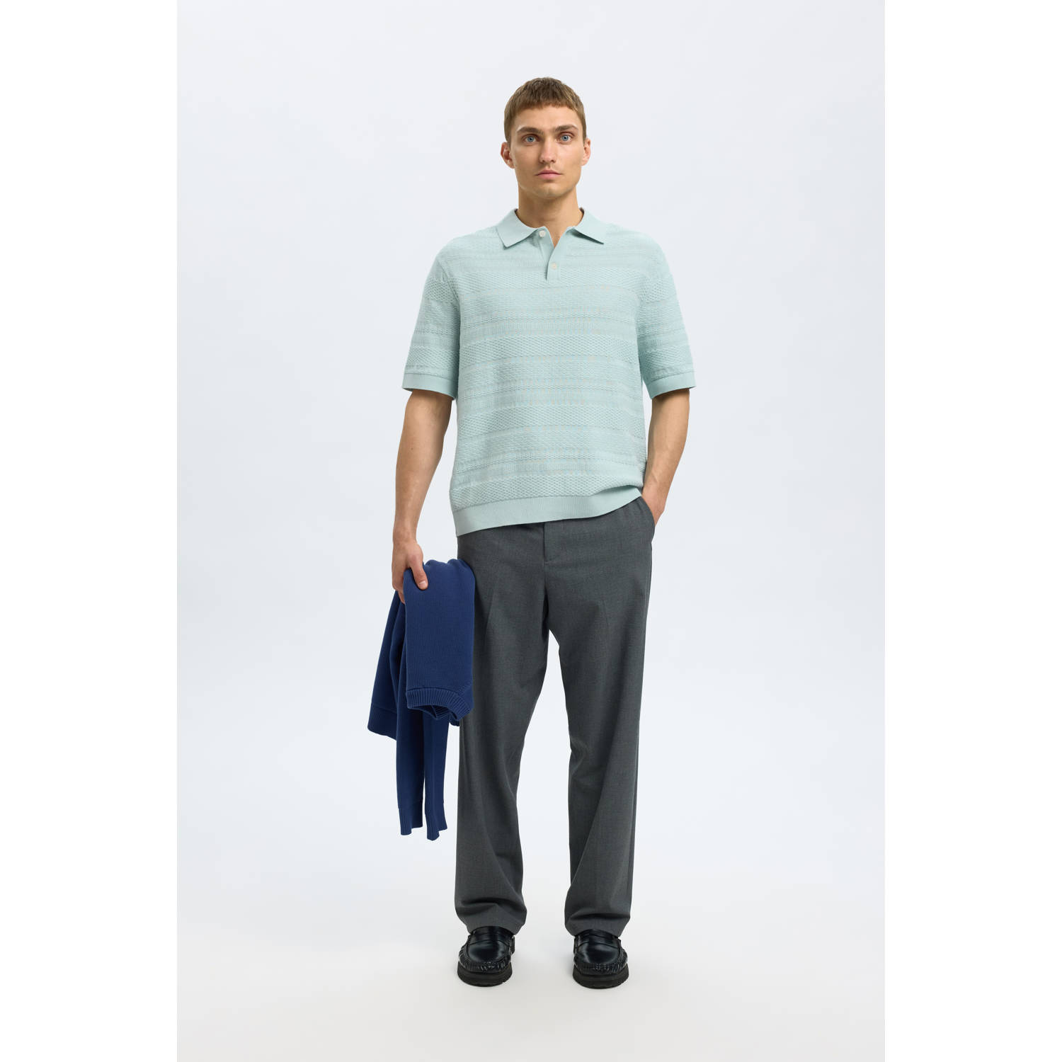 SELECTED HOMME regular polo SLHFOAM met ingebreid patroon lichtblauw