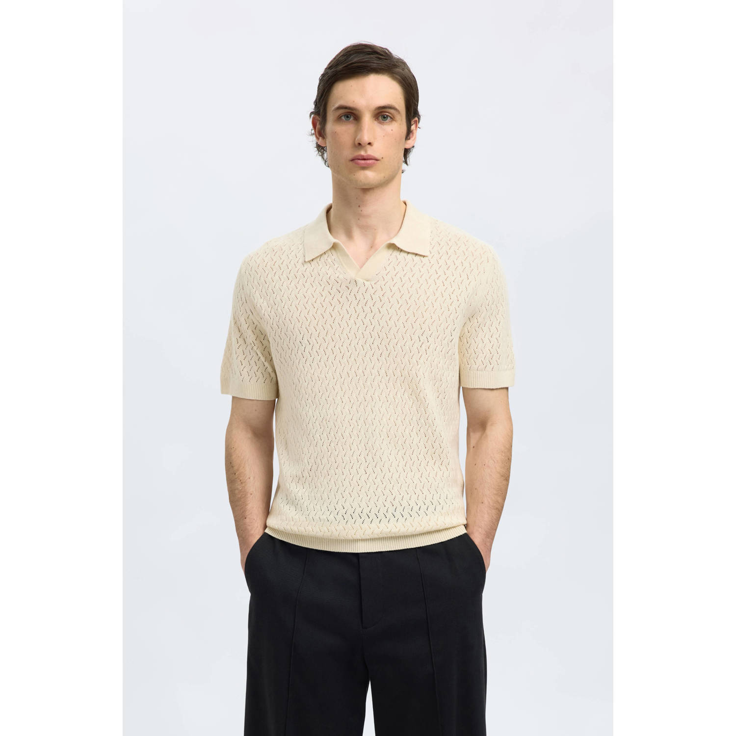SELECTED HOMME linnen regular polo SLHLINO gebreid ecru