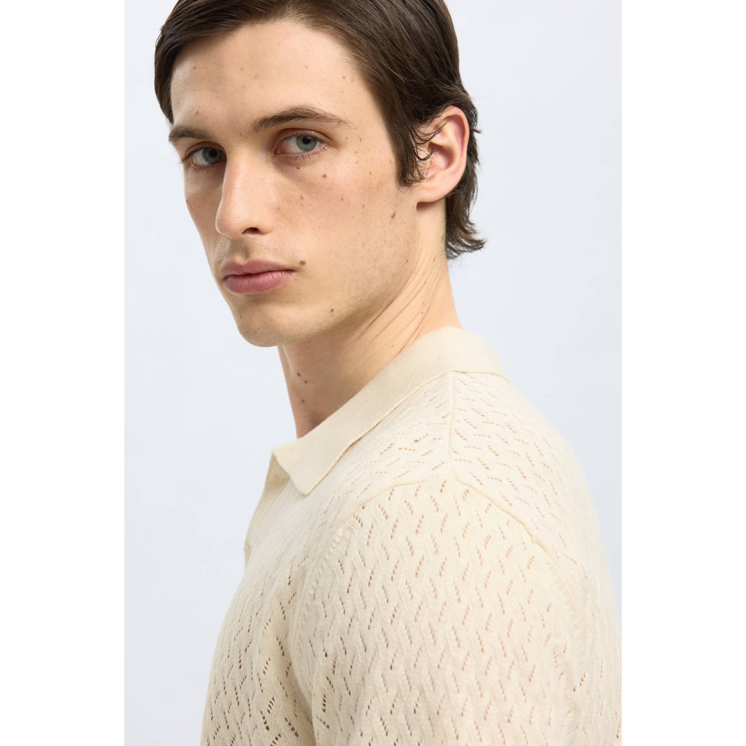 SELECTED HOMME linnen regular polo SLHLINO gebreid ecru
