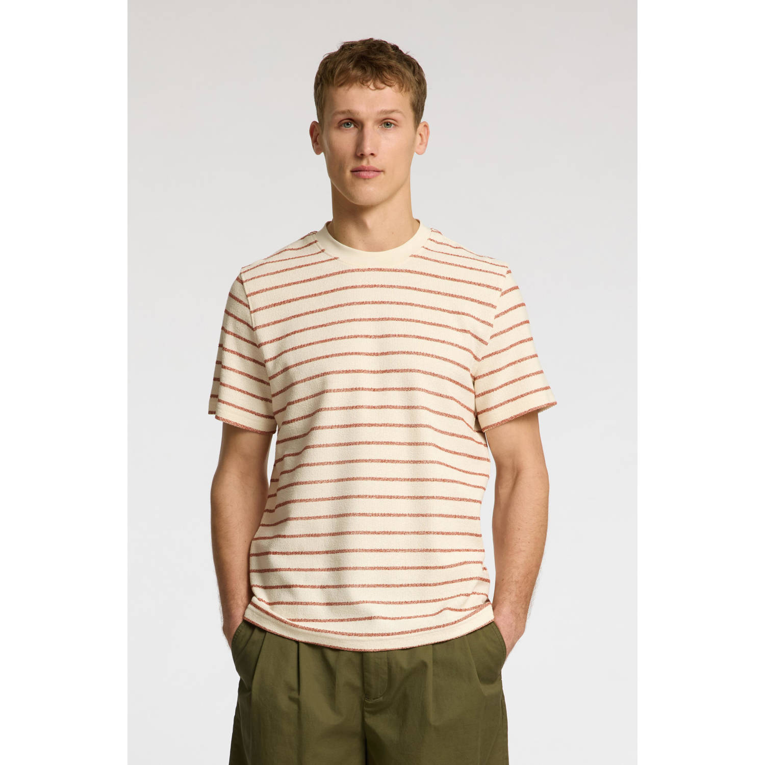 SELECTED HOMME Heren Polo's & T-shirts Slhdjango Stripe Ss O-neck Tee Ecru