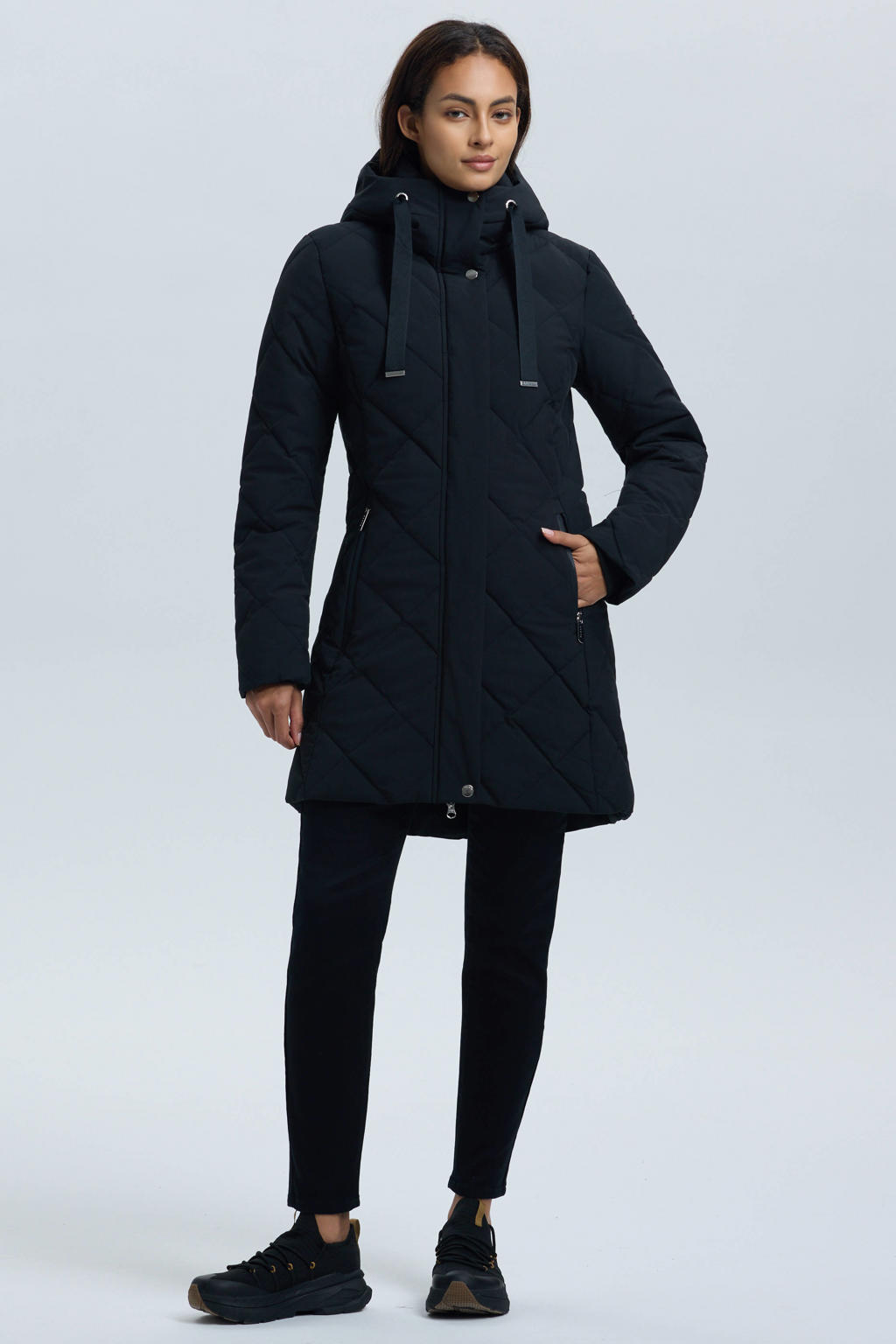 Zwarte dames Luhta jas Haukkala van polyester met effen, lange mouwen, capuchon en 2-way rits met windvanger