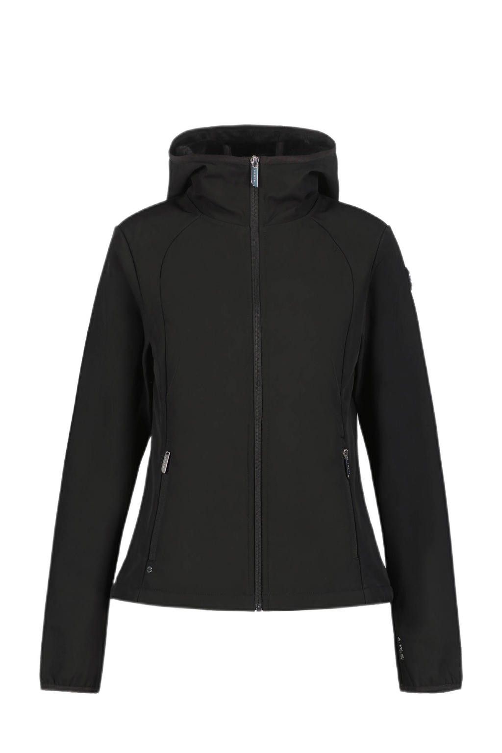 Zwarte dames Luhta jas Annikkala van softshell materiaal met effen, lange mouwen, capuchon en ritssluiting
