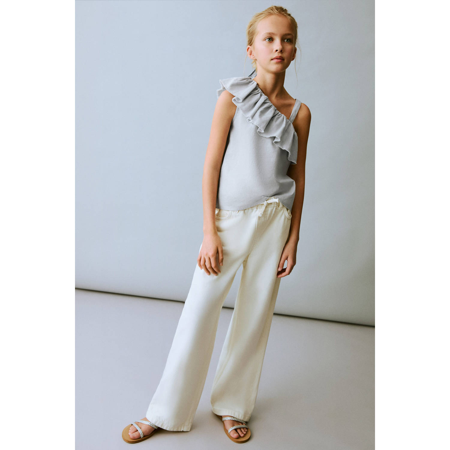 Mango Kids linnen one shoulder top lichtblauw