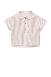 thumbnail: Roze en ecru jongens Mango Kids polo van katoen met strepenprint, korte mouwen en knoopsluiting