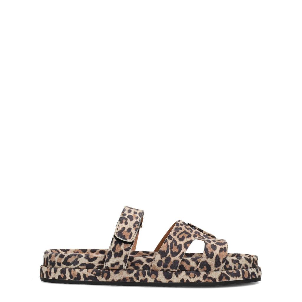 Beige en zwarte dames Poelman Mag suède slippers van leer met panterprint