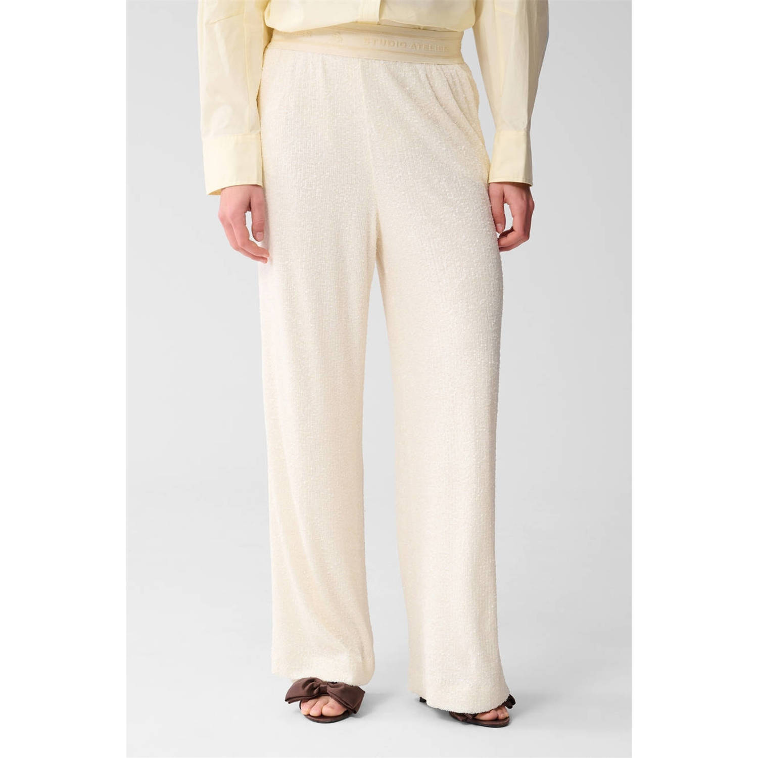 Shoeby wide leg high waist casual broek ecru met pailletten