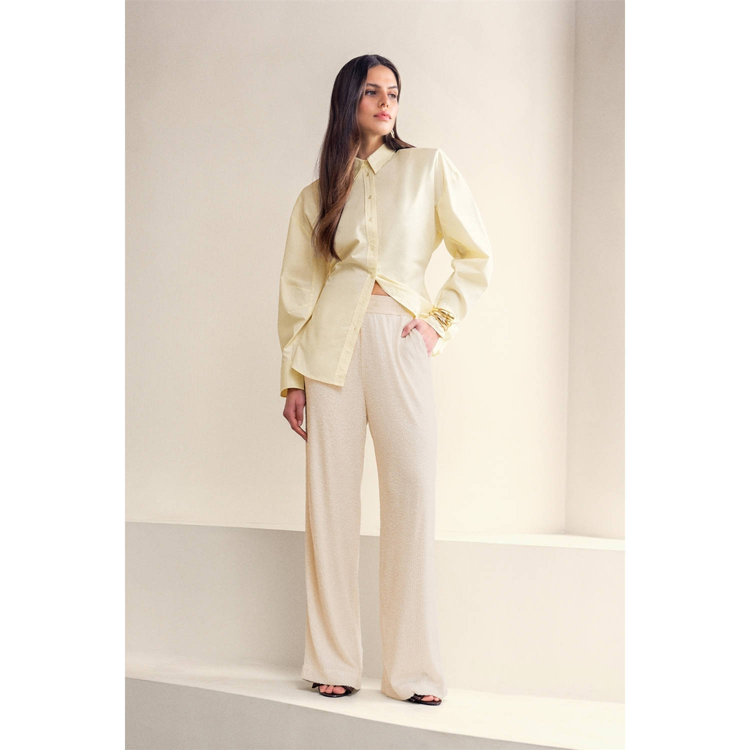 Shoeby wide leg high waist casual broek ecru met pailletten